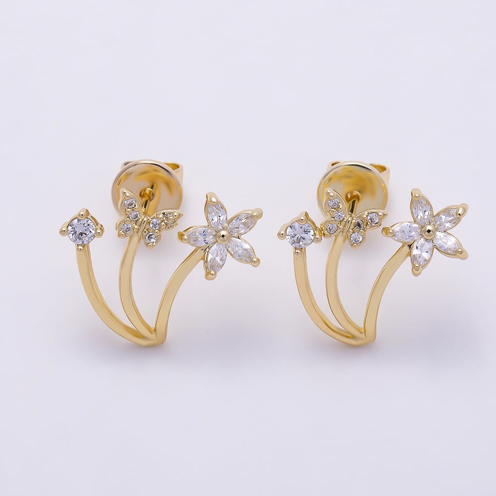 16K Gold Filled 16mm Round & Marquise CZ Triple Curved Flower Butterfly Garden Stud Earrings| Earrings-00973
