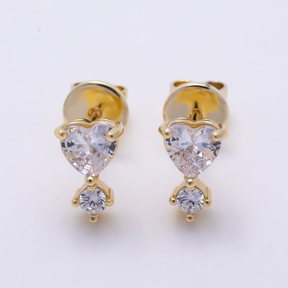 16K Gold Filled 16mm Clear CZ Heart & Round Tiered Stud Earrings| Earrings-00975