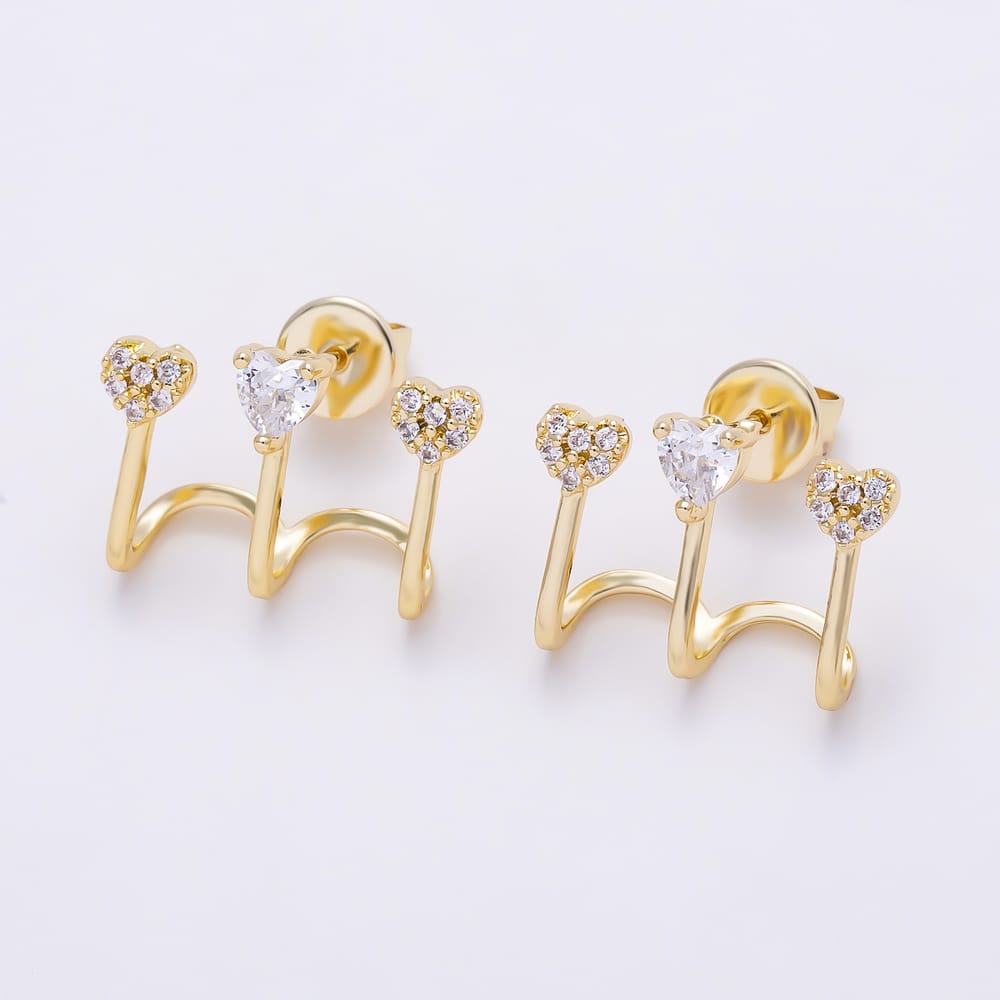 16K Gold Filled 17mm Clear CZ Claw Triple Curved Stem Heart Stud Earrings| Earrings-00976