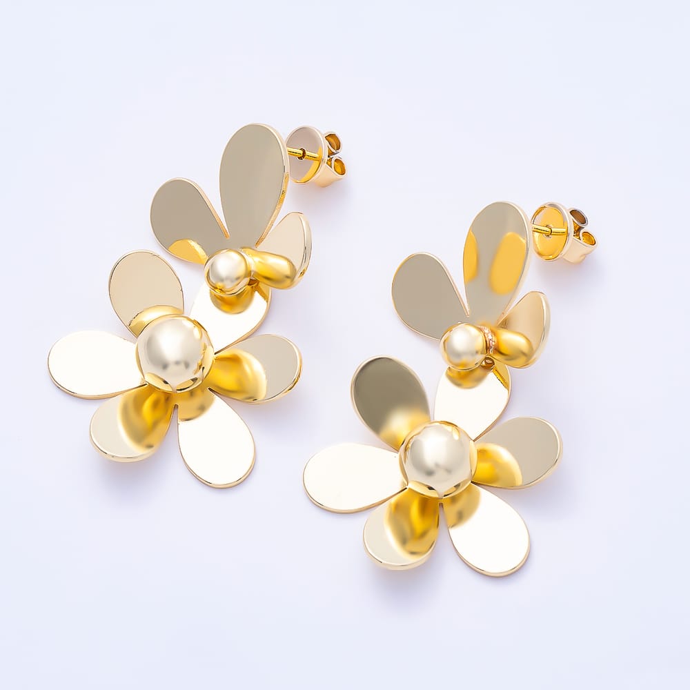 16K Gold Filled 41mm Double Tiered Daisy Flower Drop Statement Stud Earrings | Earrings-00977