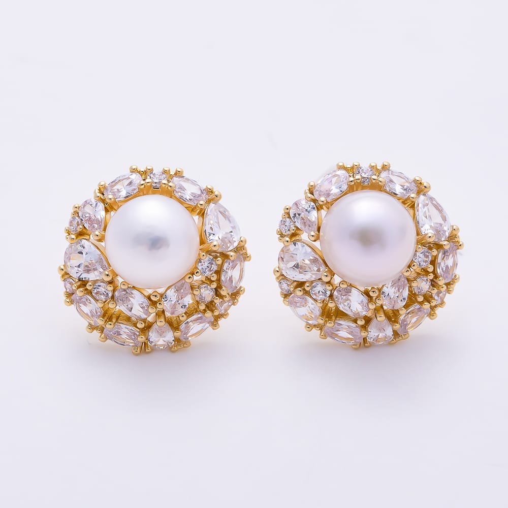 16K Gold Filled 19mm Round Shell Pearl CZ Floral Stud Earrings| Earrings-00979 - Earrings-00980