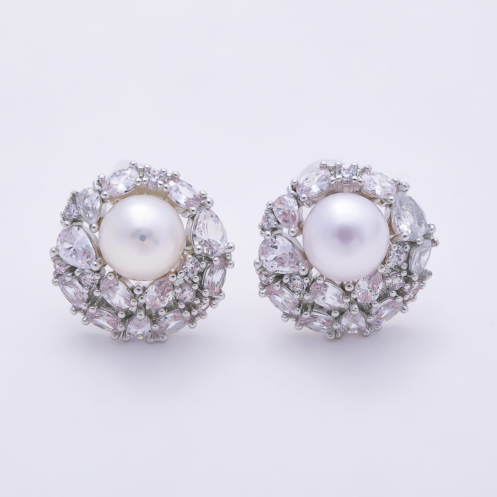 16K Gold Filled 19mm Round Shell Pearl CZ Floral Stud Earrings| Earrings-00979 - Earrings-00980