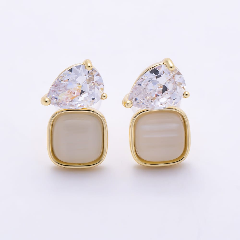 16K Gold Filled 14mm Teardrop Clear CZ & White Opal Square Stud Earrings | Earrings-00983 - Earrings-00984