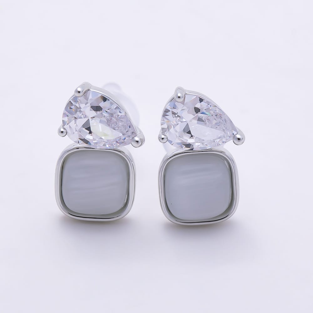16K Gold Filled 14mm Teardrop Clear CZ & White Opal Square Stud Earrings | Earrings-00983 - Earrings-00984