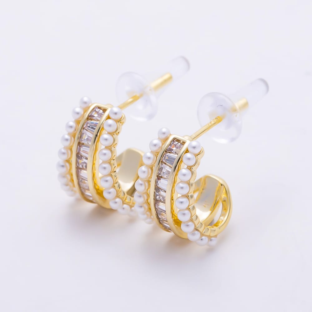 16K Gold Filled 16mm Baguette CZ & Shell Pearl Edged C-Hoop Earrings | Earrings-00985 - Earrings-00986