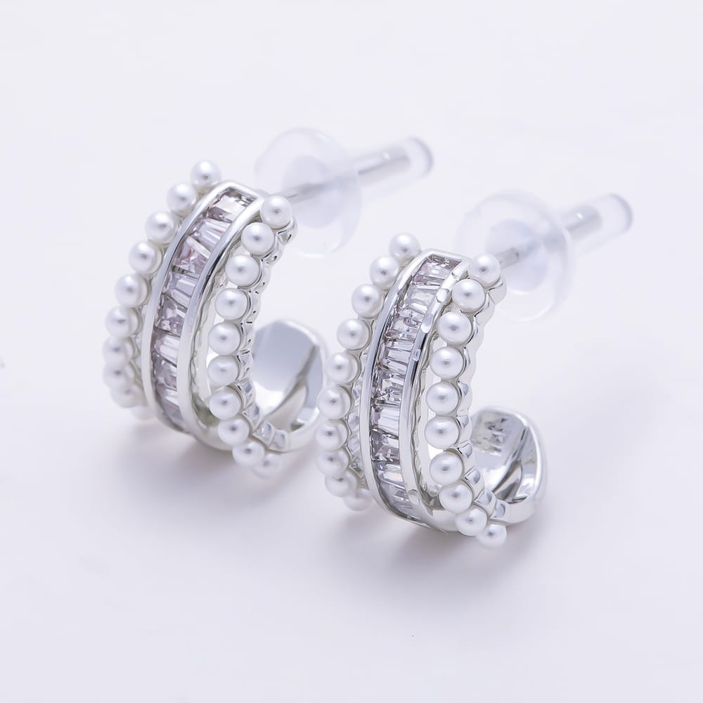 16K Gold Filled 16mm Baguette CZ & Shell Pearl Edged C-Hoop Earrings | Earrings-00985 - Earrings-00986