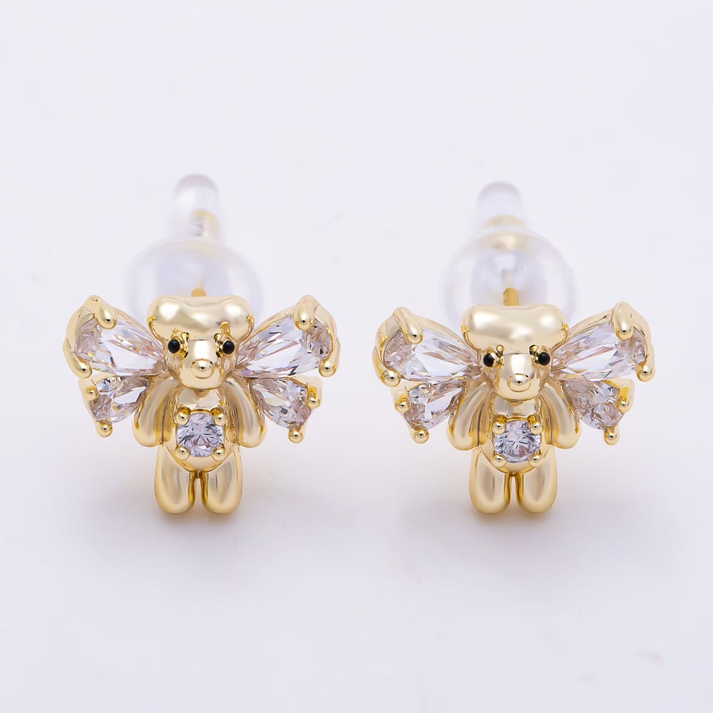 16K Gold Filled 12mm 3D Teddy Bear Clear CZ Crystal Wings Stud Earrings| Earrings-00987 - Earrings-00988