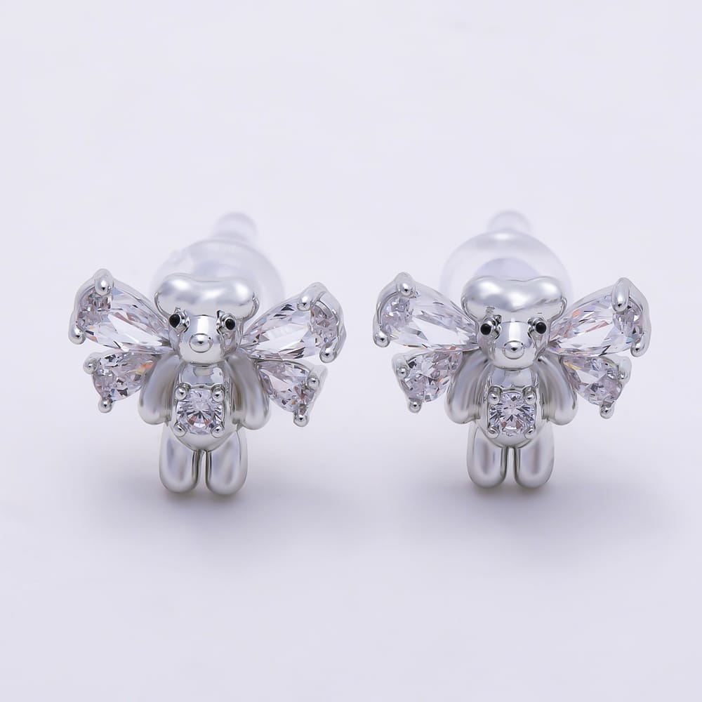 16K Gold Filled 12mm 3D Teddy Bear Clear CZ Crystal Wings Stud Earrings| Earrings-00987 - Earrings-00988