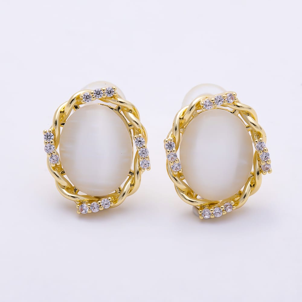 16K Gold Filled 14mm Oval White Cat Eye CZ Twisted Frame Stud Earrings | Earrings-00989 - Earrings-00990
