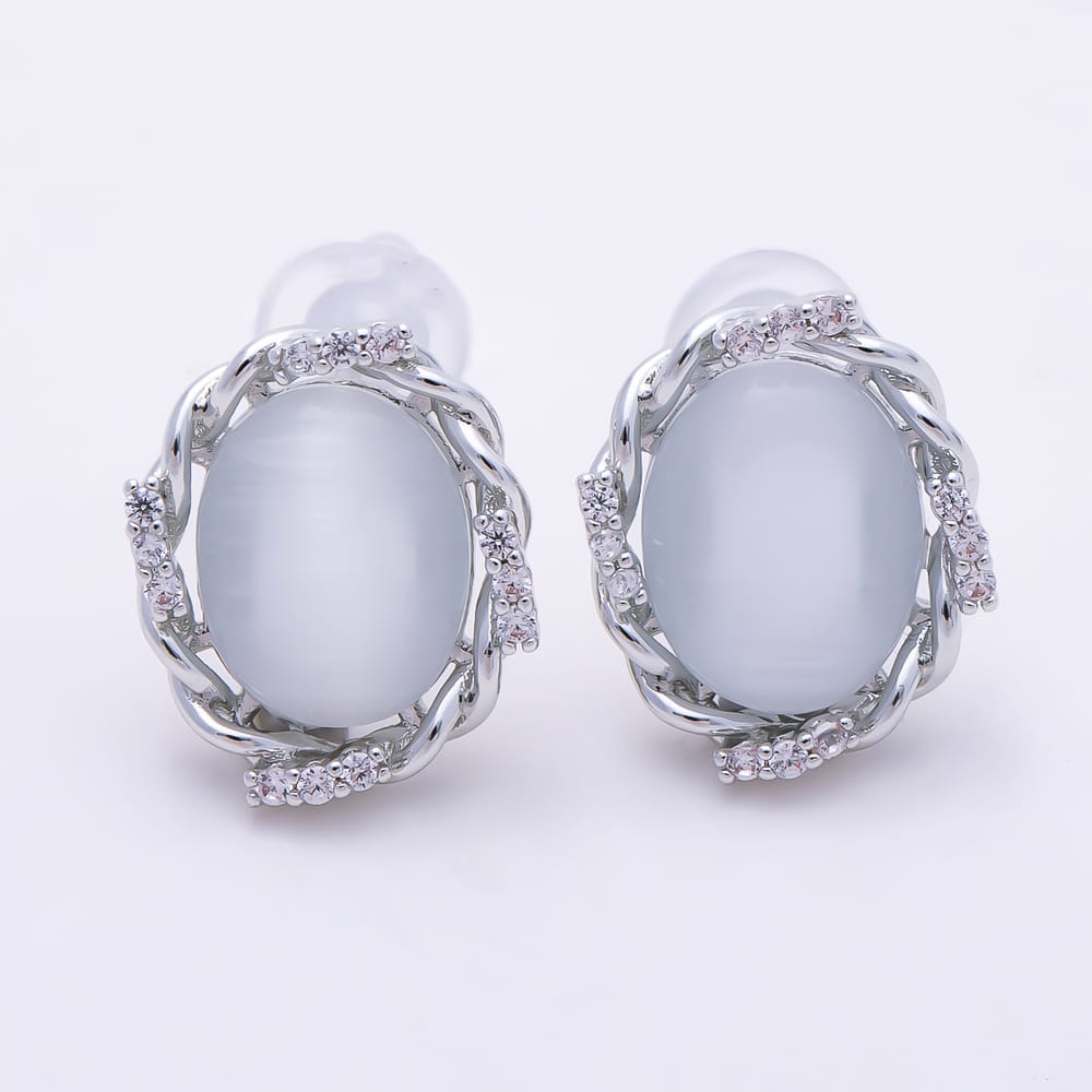 16K Gold Filled 14mm Oval White Cat Eye CZ Twisted Frame Stud Earrings | Earrings-00989 - Earrings-00990