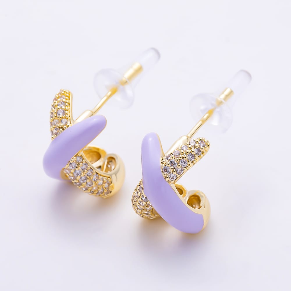 16K Gold Filled 19mm Micro Paved CZ Colorful Criss-Cross Pastel Enamel Stud Earrings | Earrings-00999 - Earrings-01004