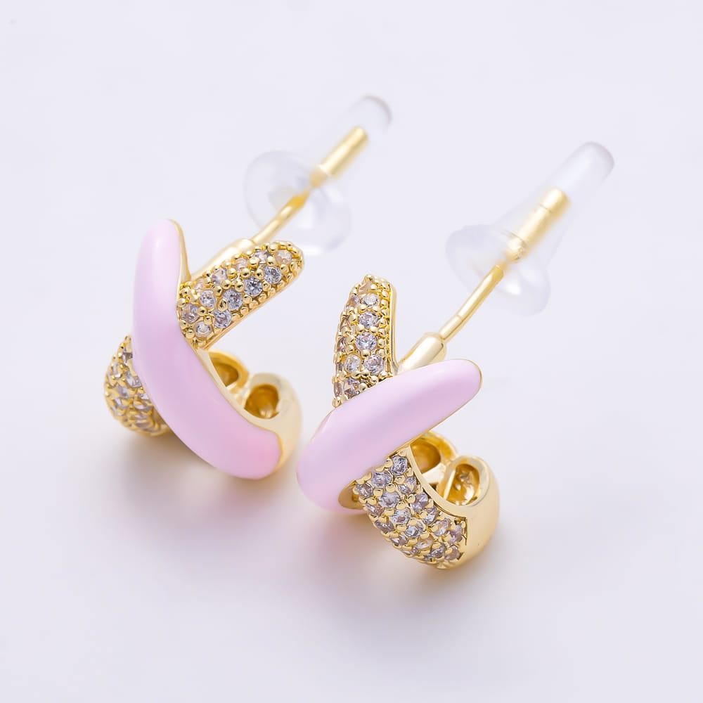 16K Gold Filled 19mm Micro Paved CZ Colorful Criss-Cross Pastel Enamel Stud Earrings | Earrings-00999 - Earrings-01004