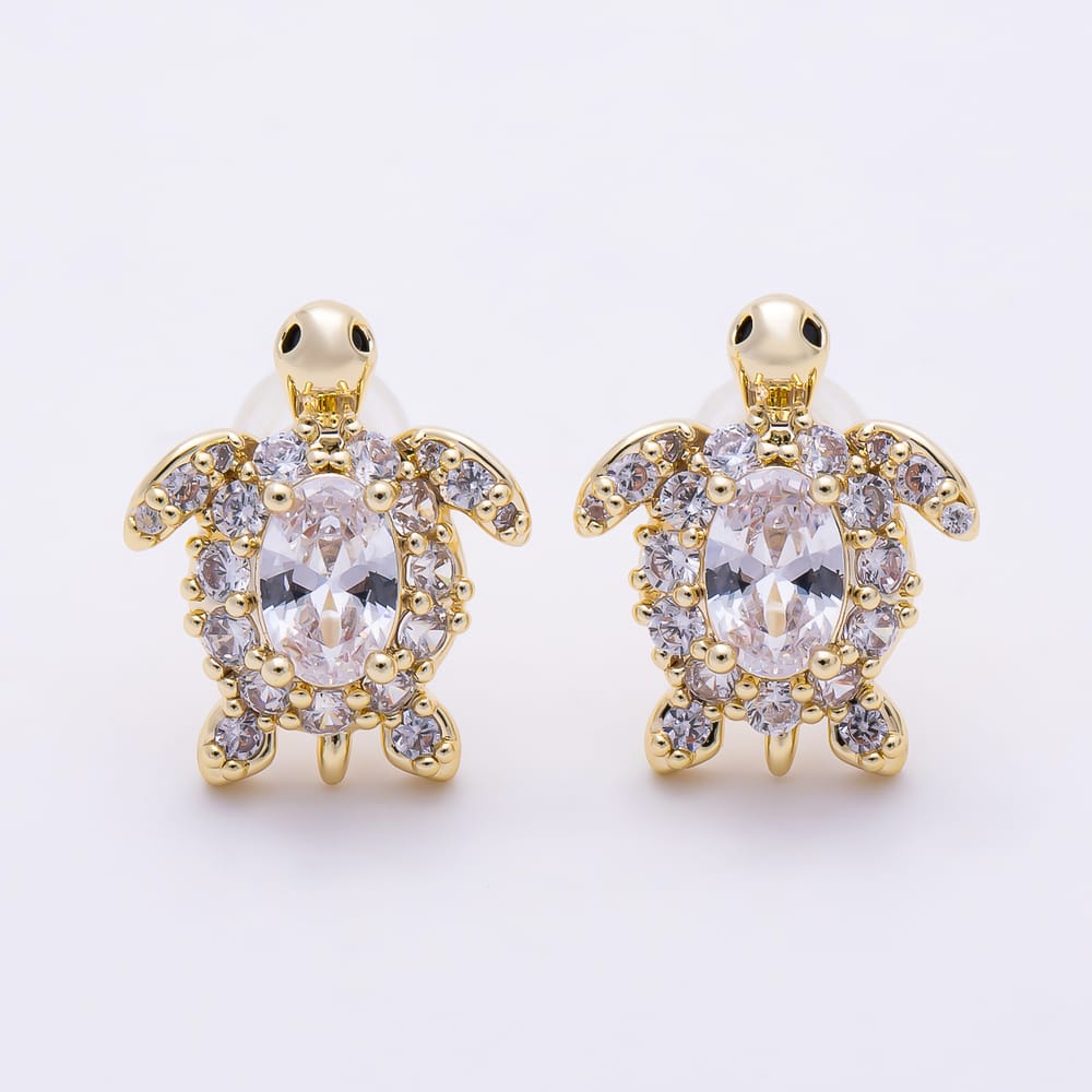 16K Gold Filled 14mm Oval Micro Paved CZ Turtle Stud Earrings in Gold & Silver | Earrings-01005 Earrings-01006