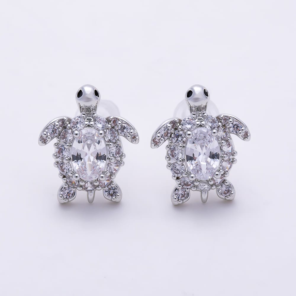 16K Gold Filled 14mm Oval Micro Paved CZ Turtle Stud Earrings in Gold & Silver | Earrings-01005 Earrings-01006