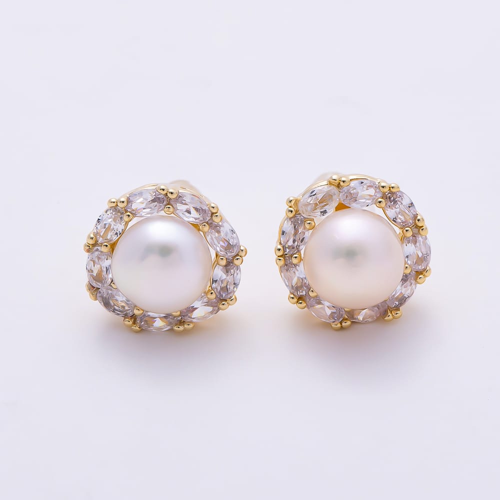 16K Gold Filled 11.5mm Clear Oval CZ Shell Pearl Round Stud Earrings in Gold & Silver | Earrings-01007 Earrings-01008