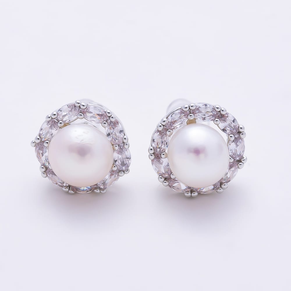 16K Gold Filled 11.5mm Clear Oval CZ Shell Pearl Round Stud Earrings in Gold & Silver | Earrings-01007 Earrings-01008