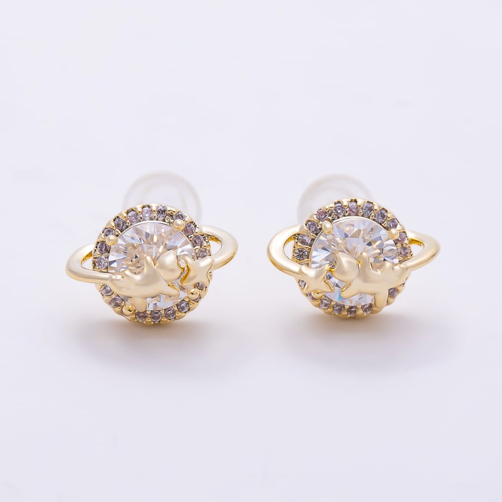 16K Gold Filled 18mm Micro Paved CZ Celestial Saturn Planet Round Stud Earrings in Gold & Silver | Earrings-01009 Earrings-01010