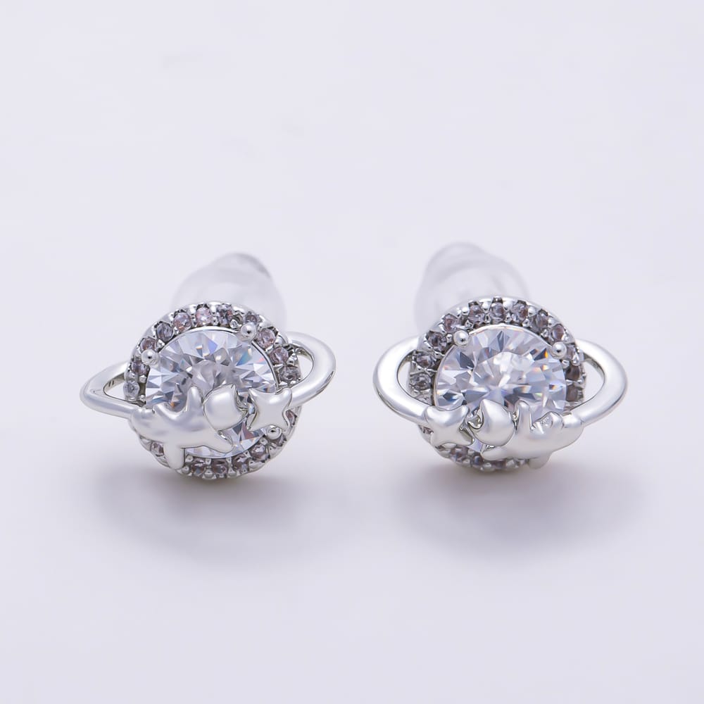 16K Gold Filled 18mm Micro Paved CZ Celestial Saturn Planet Round Stud Earrings in Gold & Silver | Earrings-01009 Earrings-01010