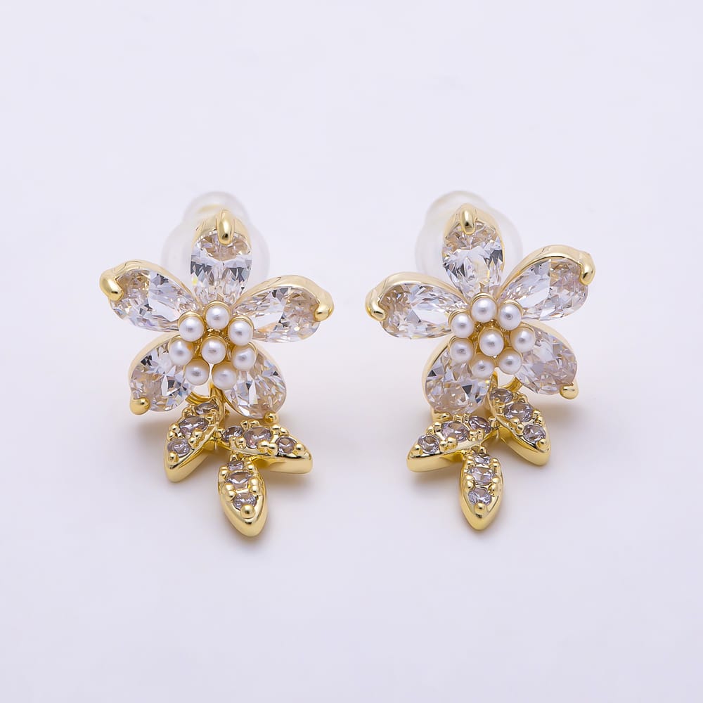 16K Gold Filled 20mm Micro Paved CZ Shell Pearl Leaf Flower Drop Stud Earrings in Gold & Silver | Earrings-01011 Earrings-01012