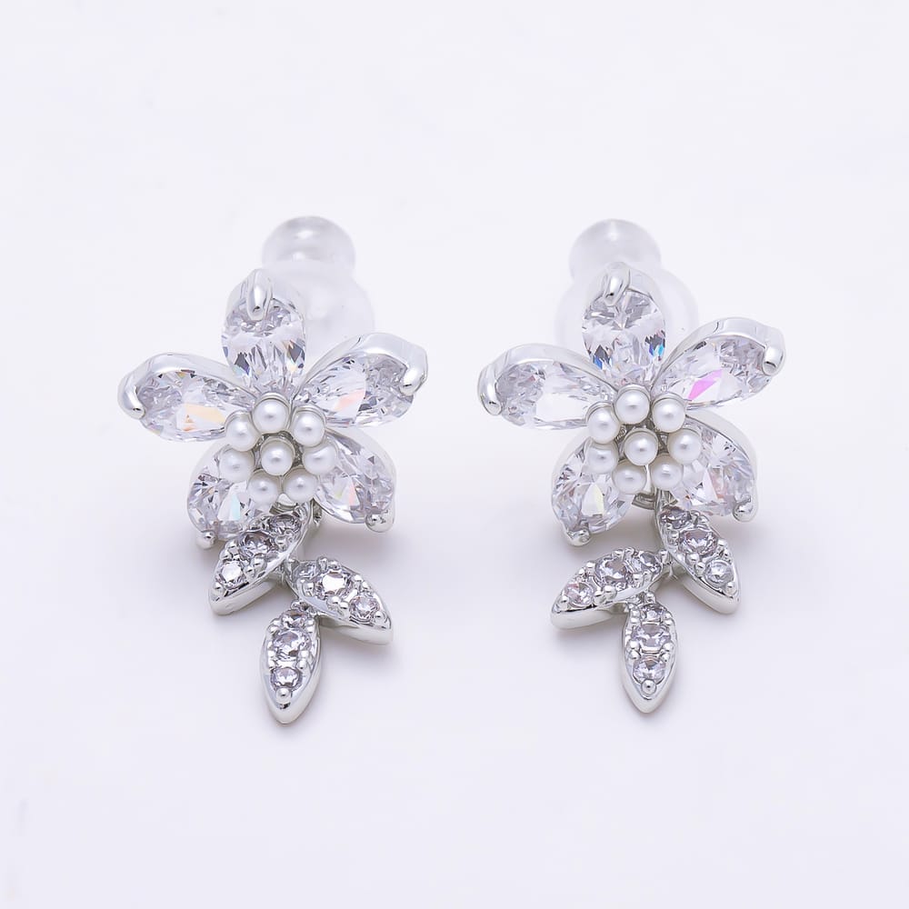 16K Gold Filled 20mm Micro Paved CZ Shell Pearl Leaf Flower Drop Stud Earrings in Gold & Silver | Earrings-01011 Earrings-01012