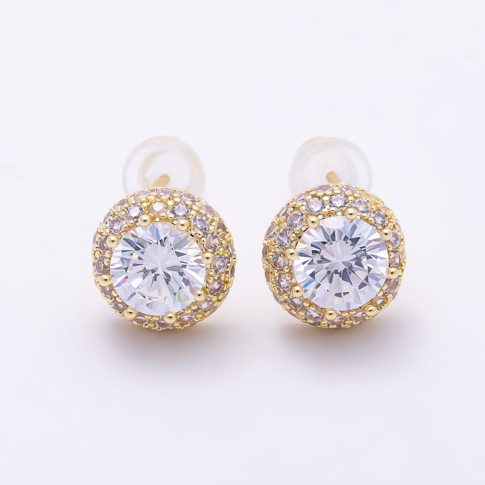 16K Gold Filled 16mm Clear Micro Paved CZ Round Solitaire Stud Earrings in Gold & Silver | Earrings-01013 Earrings-01014