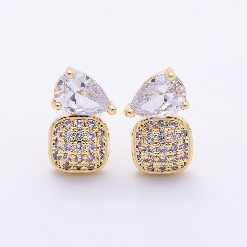 16K Gold Filled 14mm Clear CZ Teardrop Micro Paved Toi et Moi Stud Earrings in Gold & Silver | Earrings-01015 Earrings-01016