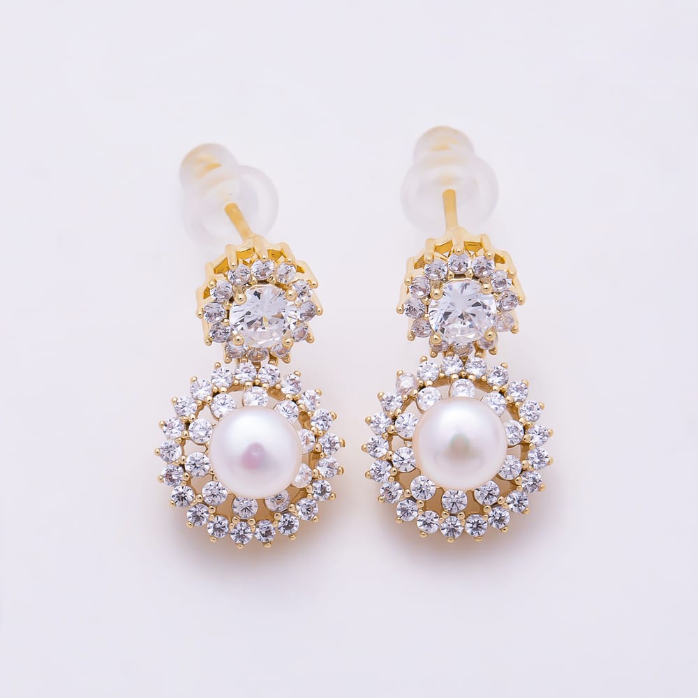 16K Gold Filled 18mm Clear CZ Shell Pearl Round Drop Stud Earrings in Gold & Silver | Earrings-01017 Earrings-01018