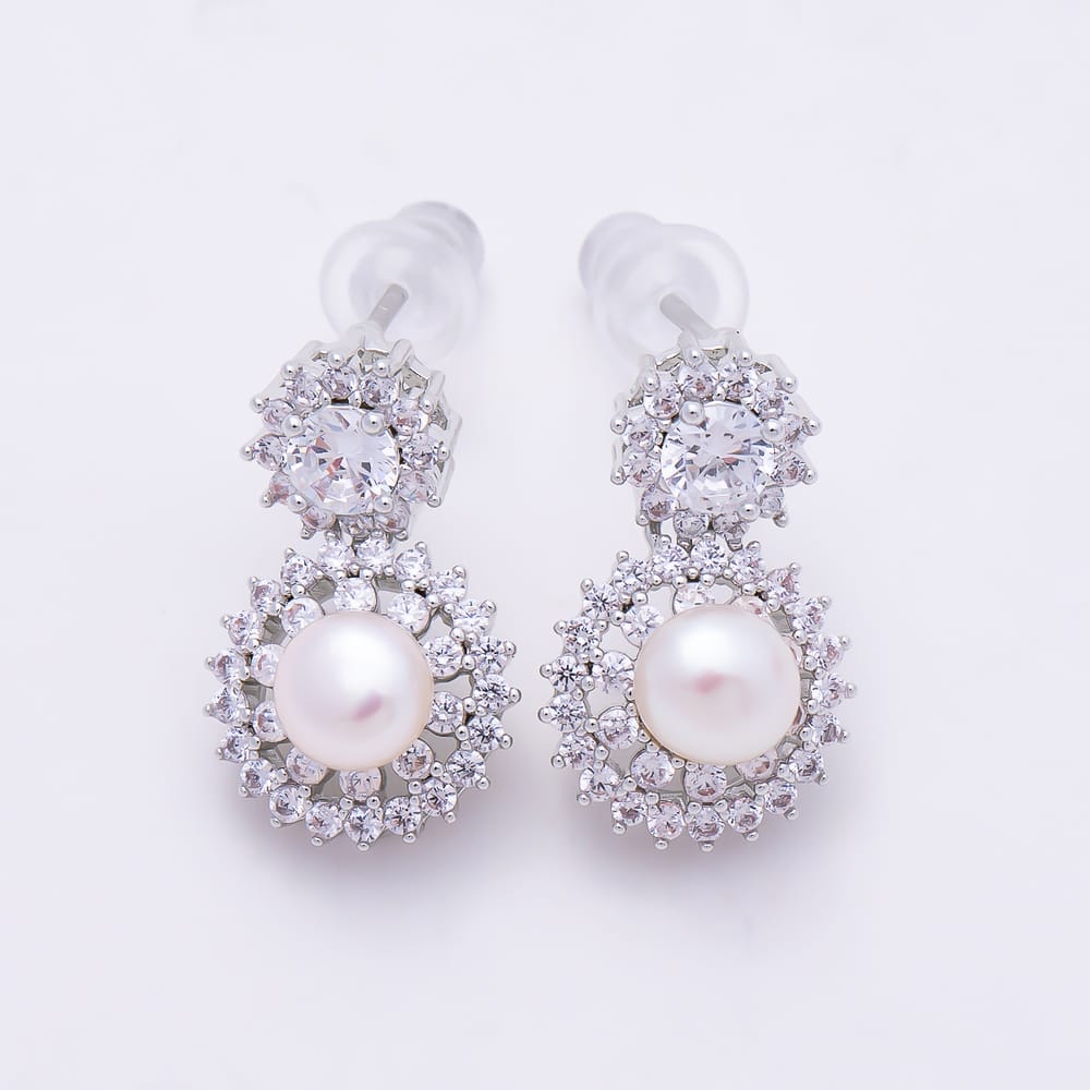 16K Gold Filled 18mm Clear CZ Shell Pearl Round Drop Stud Earrings in Gold & Silver | Earrings-01017 Earrings-01018