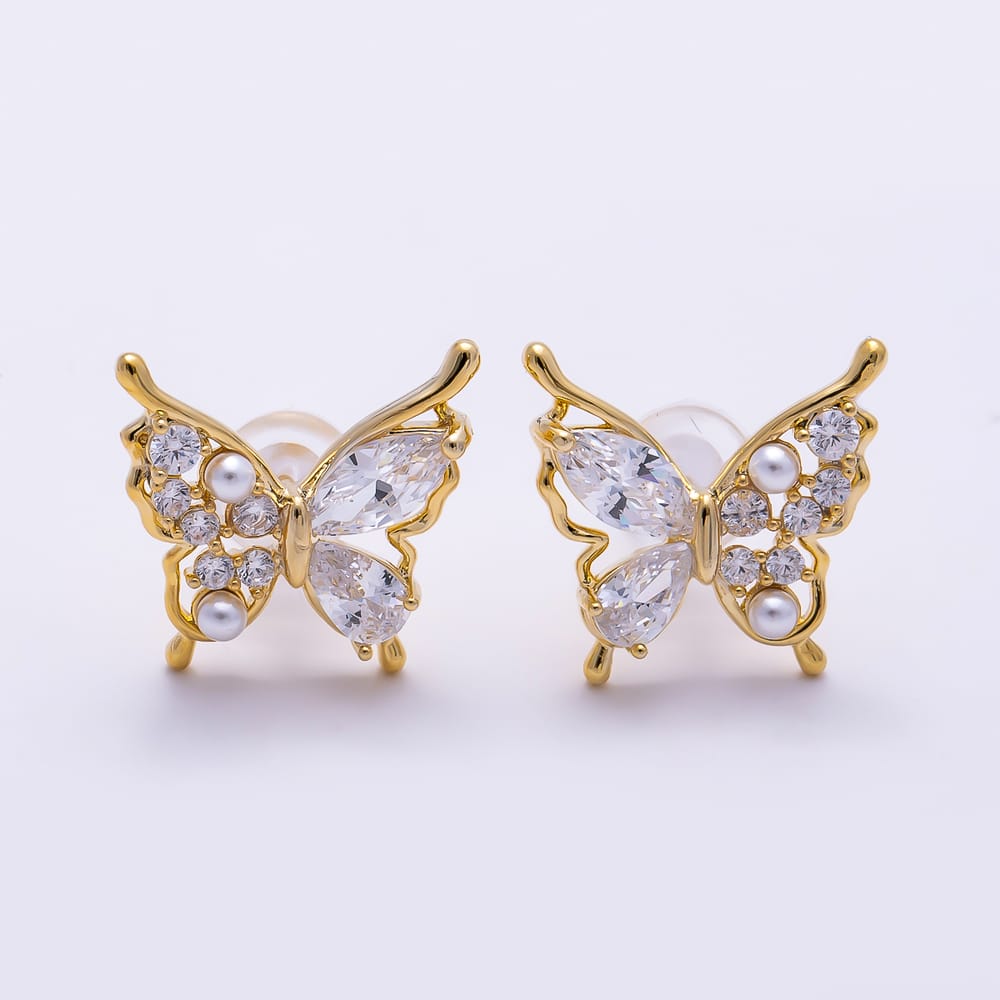 16K Gold Filled 14mm Multi Cut CZ Shell Pearl Butterfly Mariposa Stud Earrings| Earrings-01019 - Earrings-01020