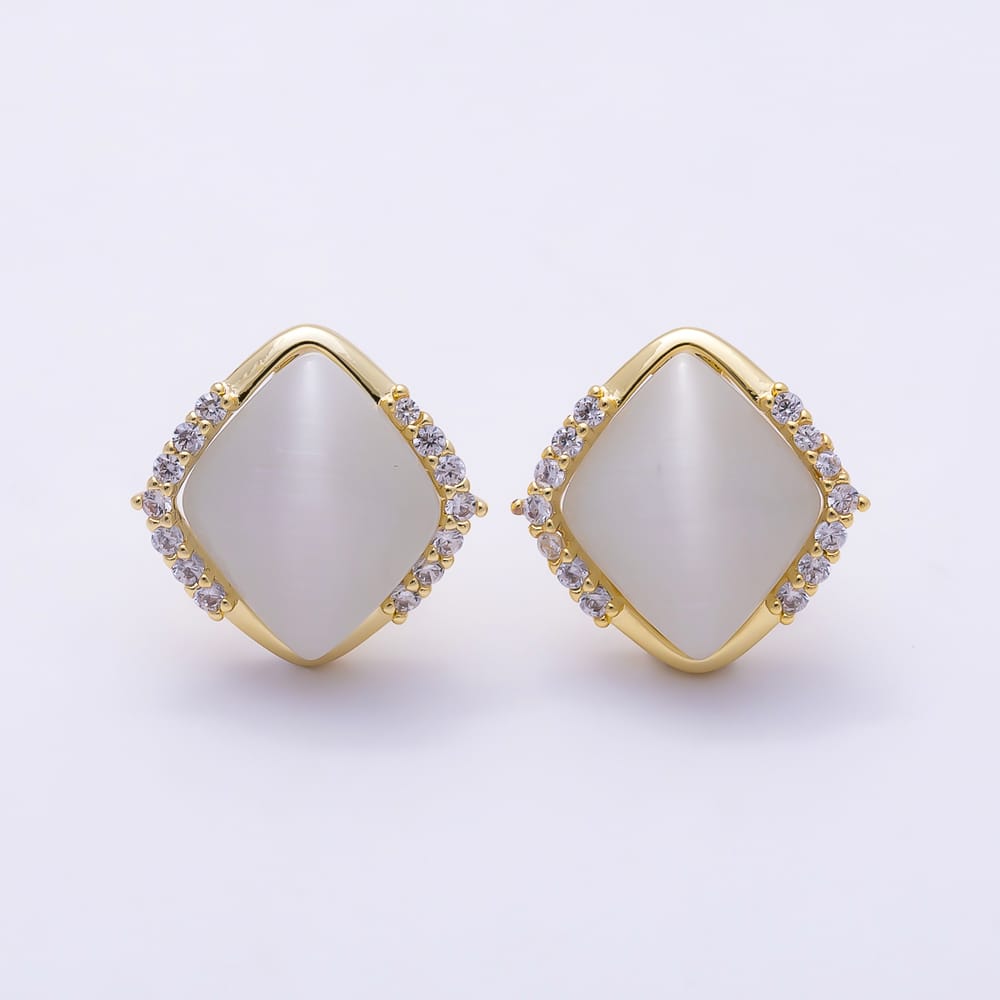 16K Gold Filled 16mm Clear CZ & White Opal Geometric Diamond Shape Stud Earrings | Earrings-01021 - Earrings-01022
