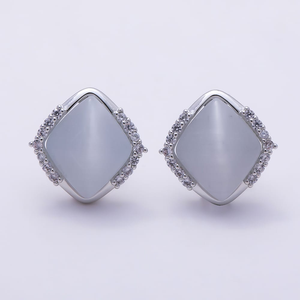 16K Gold Filled 16mm Clear CZ & White Opal Geometric Diamond Shape Stud Earrings | Earrings-01021 - Earrings-01022