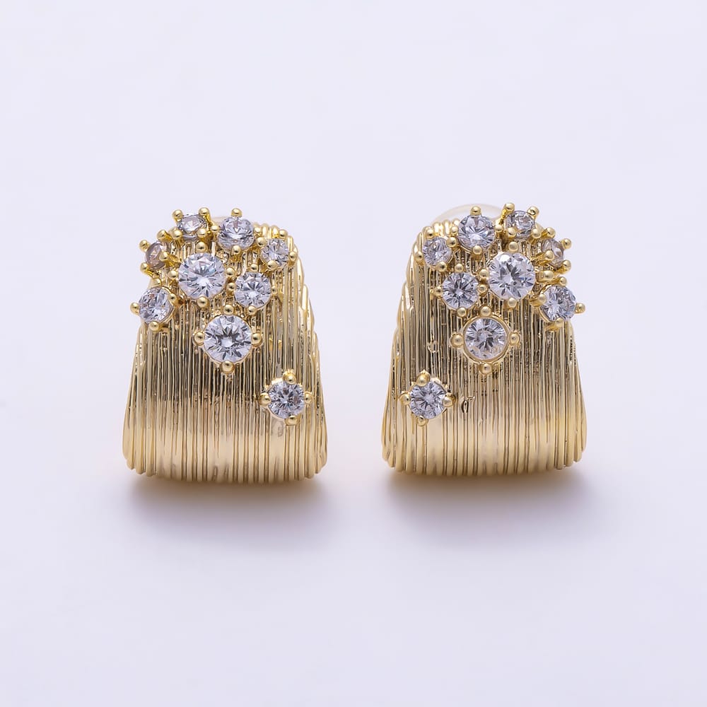 16K Gold Filled 16mm Chunky Textured Ribbed CZ Cluster C Hoops Earrings | Earrings-01023 - Earrings-01024