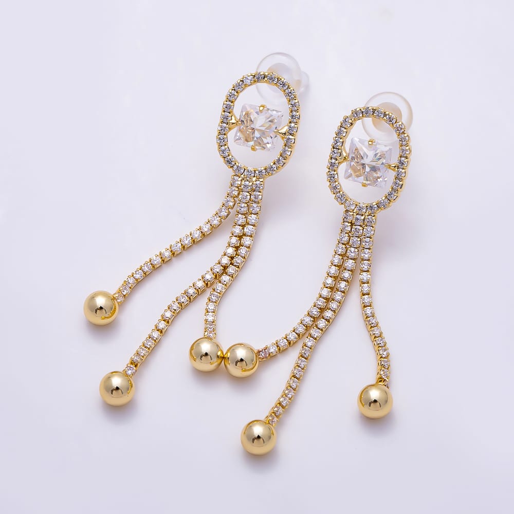 16K Gold Filled 46mm Oval Halo Princess CZ Triple Fringe Dangle Earrings | Earrings-01025 - Earrings-01026