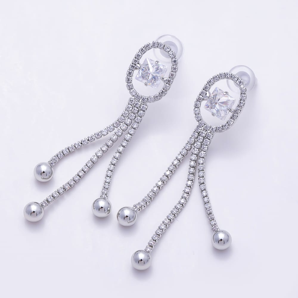 16K Gold Filled 46mm Oval Halo Princess CZ Triple Fringe Dangle Earrings | Earrings-01025 - Earrings-01026