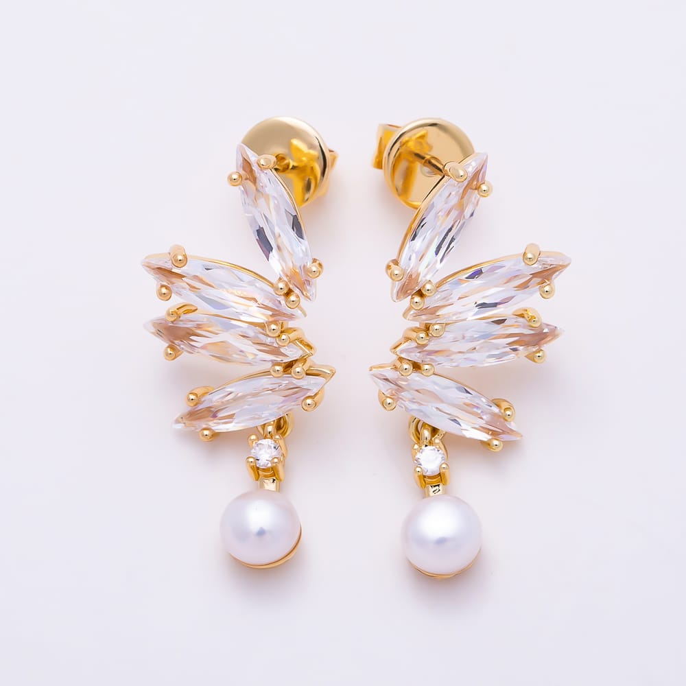 16K Gold Filled 28mm Shell Pearl Marquise Clear CZ Half Floral Cluster Stud Earrings | Earrings-01027