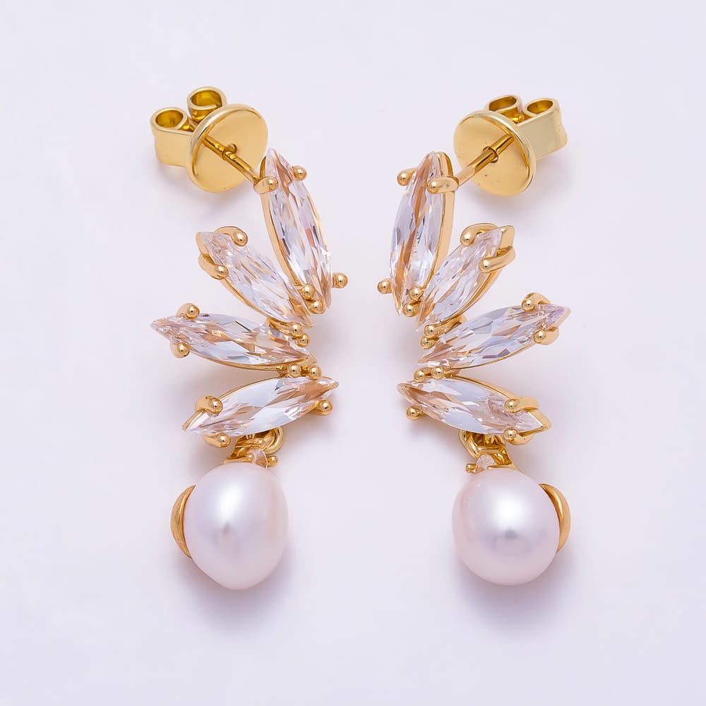 16K Gold Filled 30mm Shell Pearl Marquise Clear CZ Elegant Leaf Cluster Stud Earrings | Earrings-01028