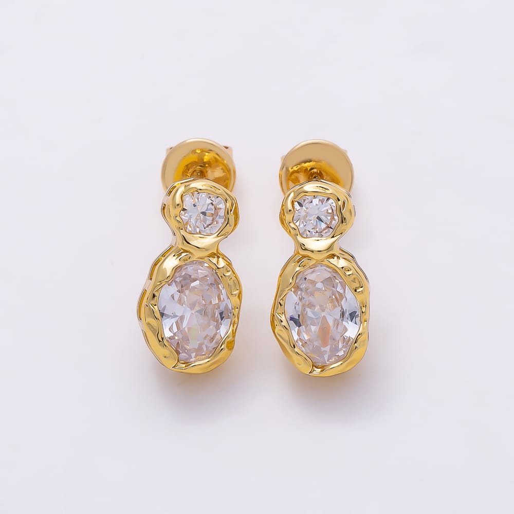 16K Gold Filled 16mm Artisan Molten Bezel Round & Oval CZ Drop Stud Earrings | Earrings-01029