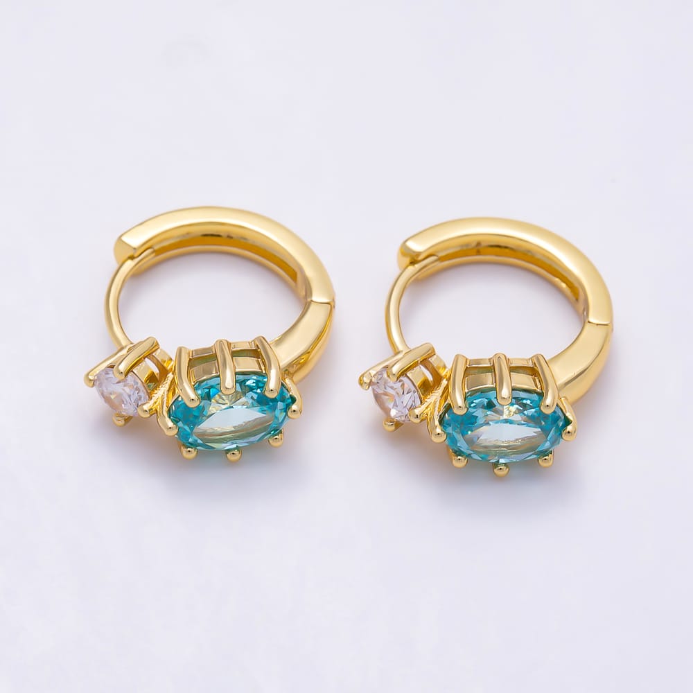 16K Gold Filled 16mm Colorful CZ Solitaire Oval Huggie Hoop Earrings | Earrings-01030 - Earrings-01035