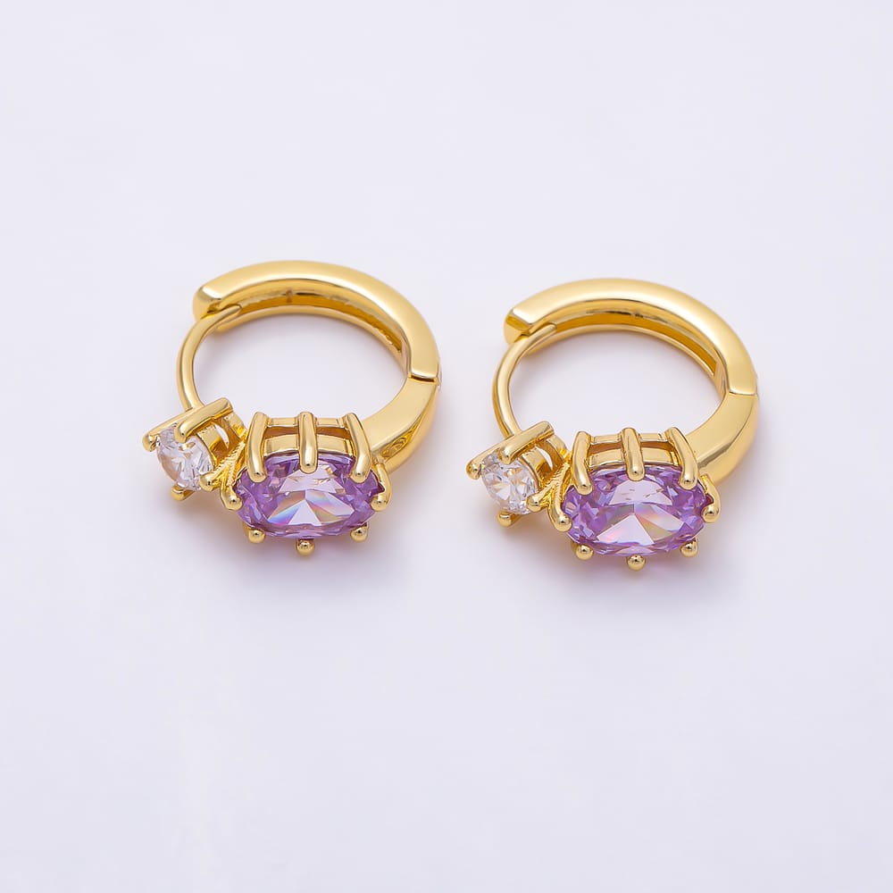 16K Gold Filled 16mm Colorful CZ Solitaire Oval Huggie Hoop Earrings | Earrings-01030 - Earrings-01035