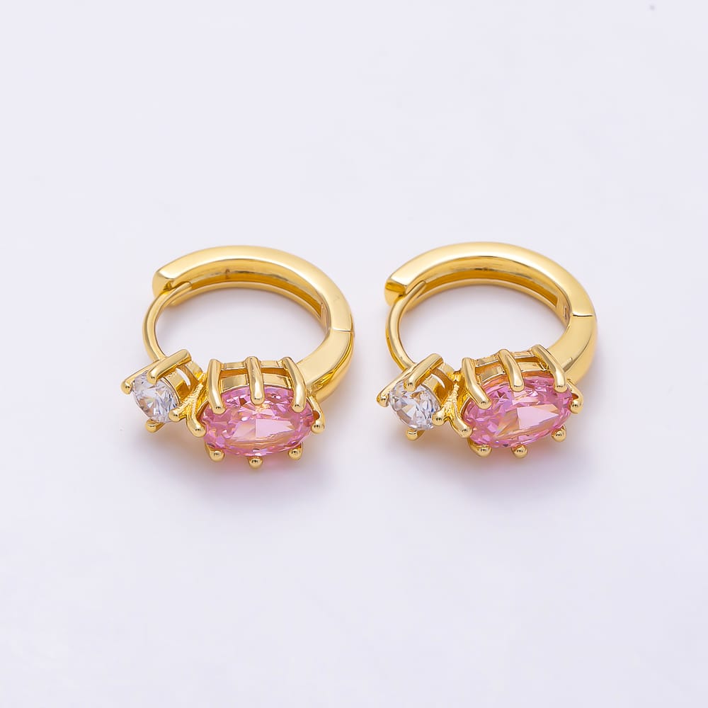16K Gold Filled 16mm Colorful CZ Solitaire Oval Huggie Hoop Earrings | Earrings-01030 - Earrings-01035