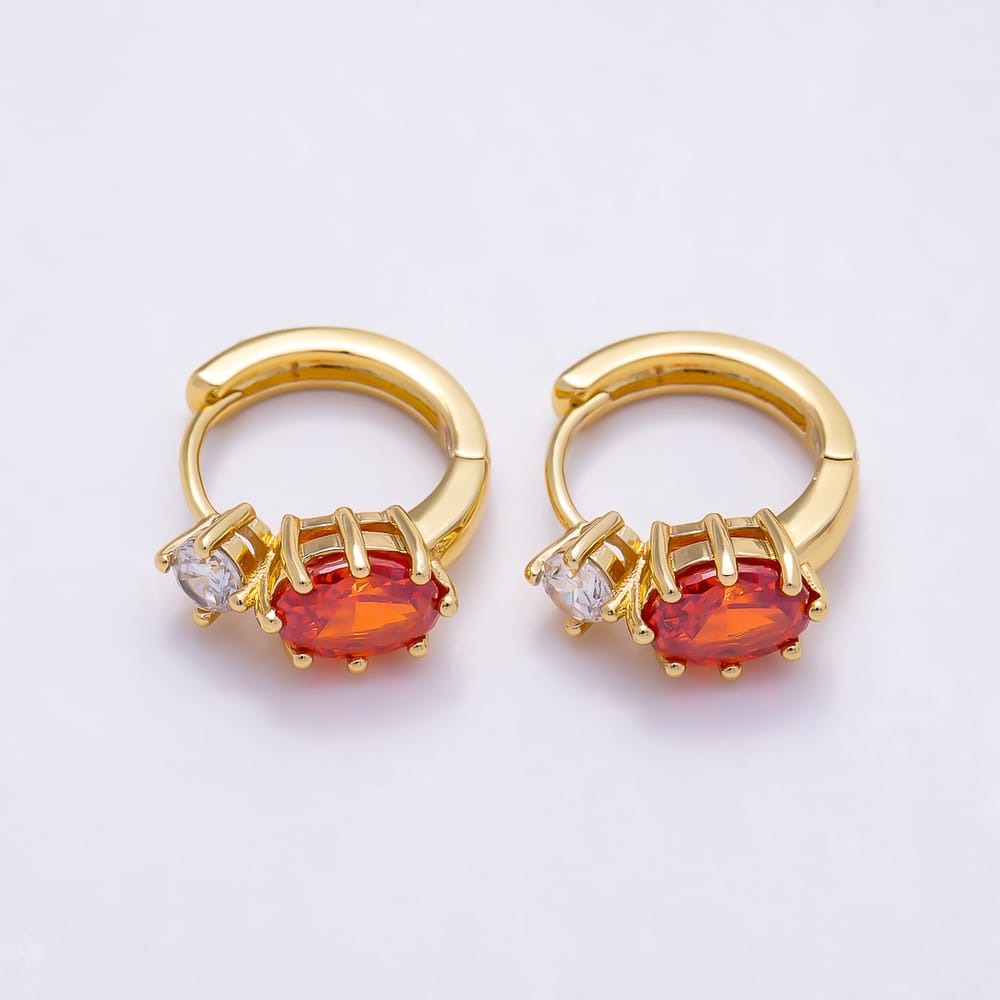 16K Gold Filled 16mm Colorful CZ Solitaire Oval Huggie Hoop Earrings | Earrings-01030 - Earrings-01035