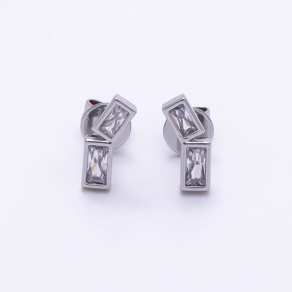 16K Gold Filled 13mm Dual Asymmetrical Baguette Cut Clear CZ Stud Earrings | Earrings-01036 - Earrings-01037
