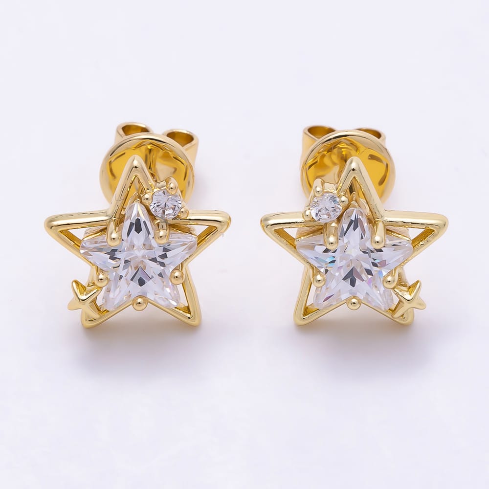 16K Gold Filled 11mm Layered Star Cut Clear CZ Celestial Stud Earrings | Earrings-01040 - Earrings-01041
