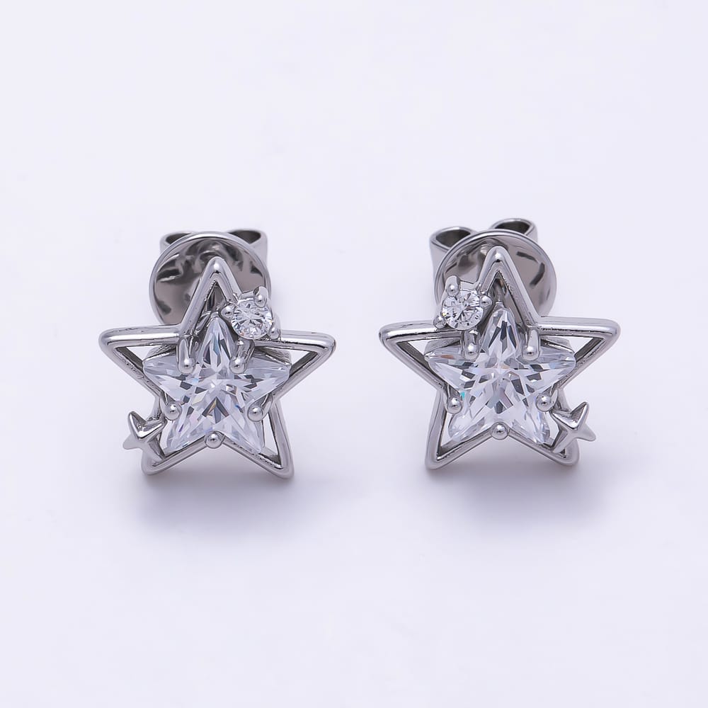 16K Gold Filled 11mm Layered Star Cut Clear CZ Celestial Stud Earrings | Earrings-01040 - Earrings-01041