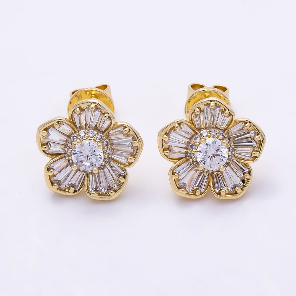 16K Gold Filled 13mm Baguette Micro Paved CZ Flower Stud in Gold & Silver | Earrings-01042 Earrings-01043
