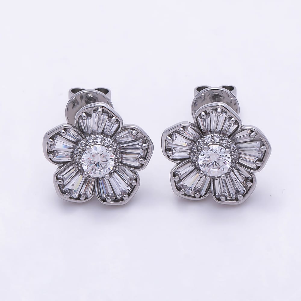 16K Gold Filled 13mm Baguette Micro Paved CZ Flower Stud in Gold & Silver | Earrings-01042 Earrings-01043