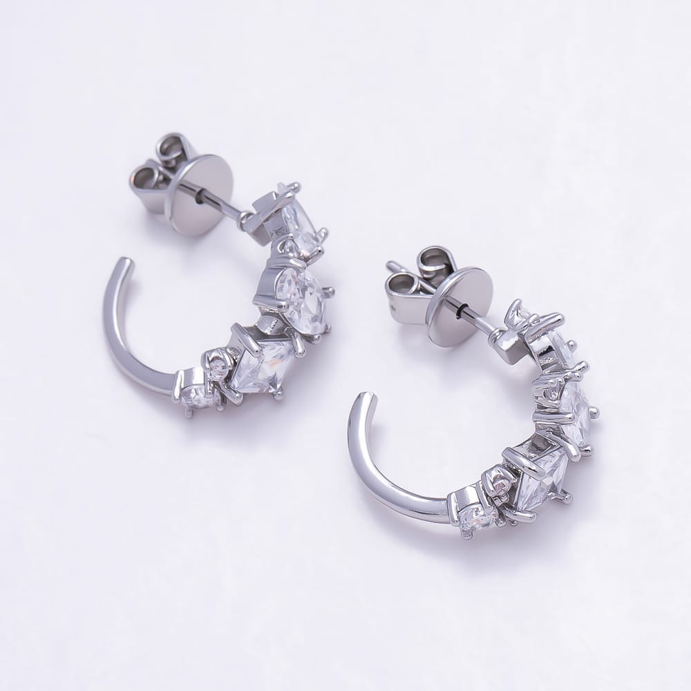 16K Gold Filled 21mm Mixed Cut Clear CZ C-Hoop Stud Earrings | Earrings-01044 - Earrings-01045