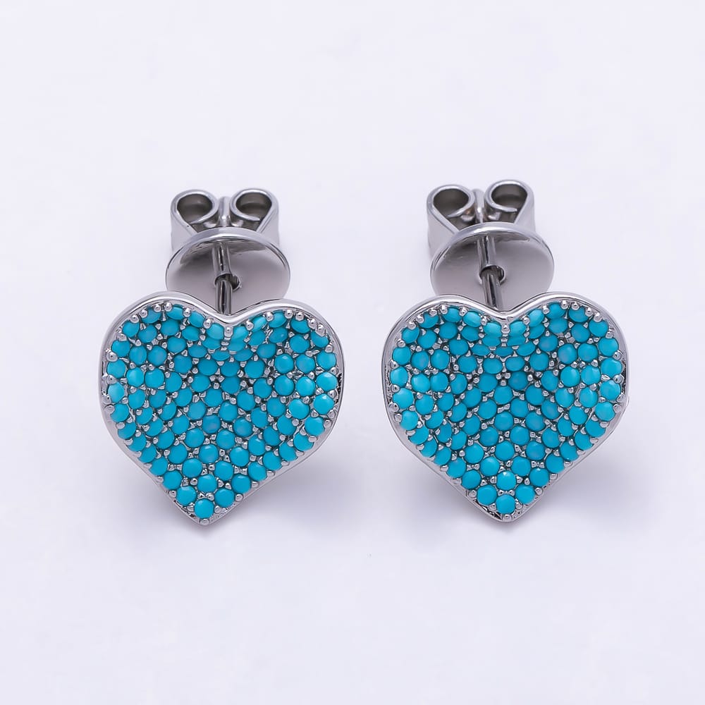 16K Gold Filled 16mm Turquoise Micro Paved CZ Love Heart Stud Earrings | Earrings-01046 - Earrings-01047
