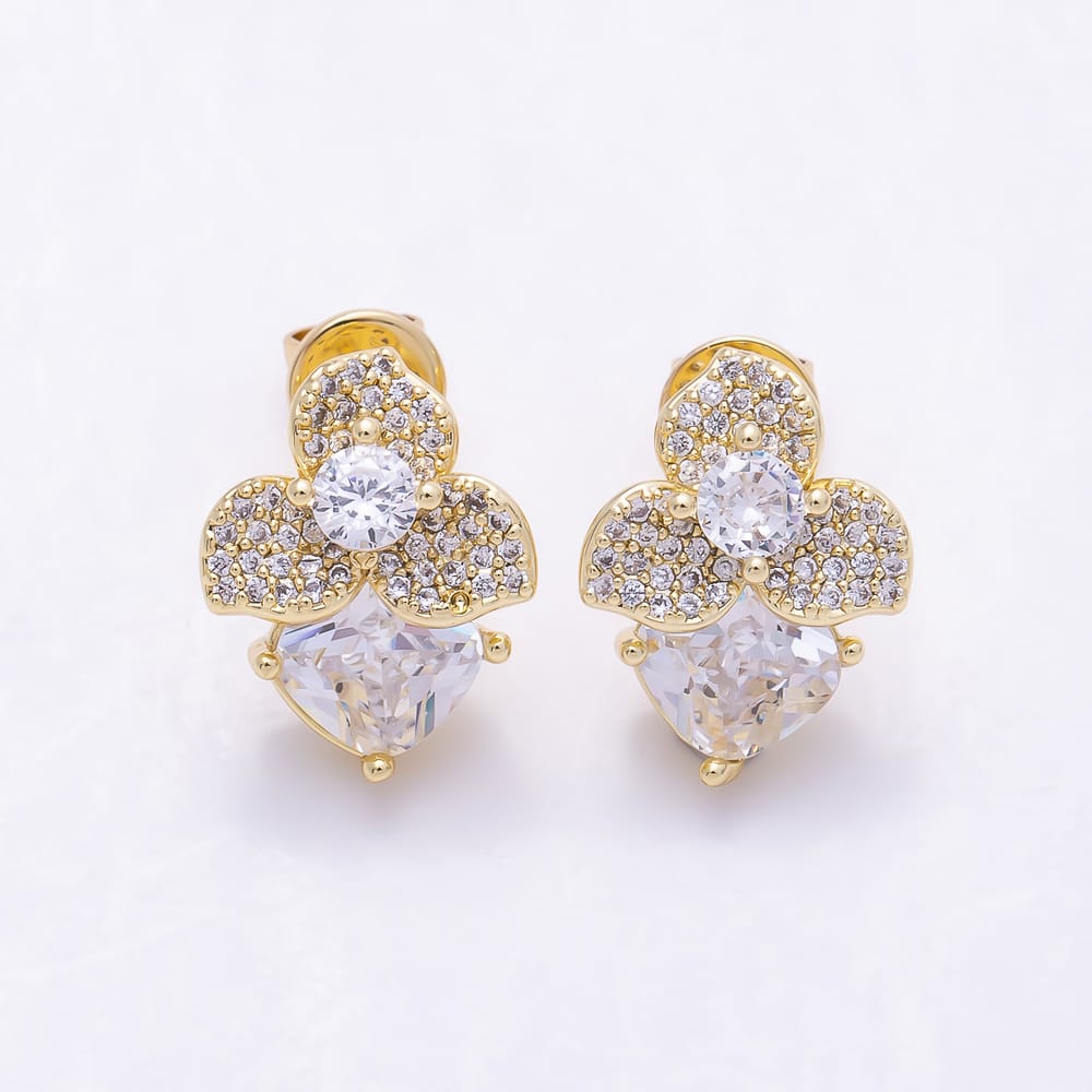 16K Gold Filled 17mm Clear Micro Paved CZ Flower Drop Stud Earrings in Gold & Silver | Earrings-01053 Earrings-01054