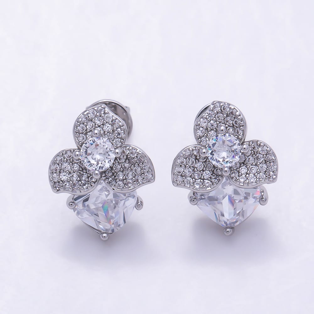 16K Gold Filled 17mm Clear Micro Paved CZ Flower Drop Stud Earrings in Gold & Silver | Earrings-01053 Earrings-01054